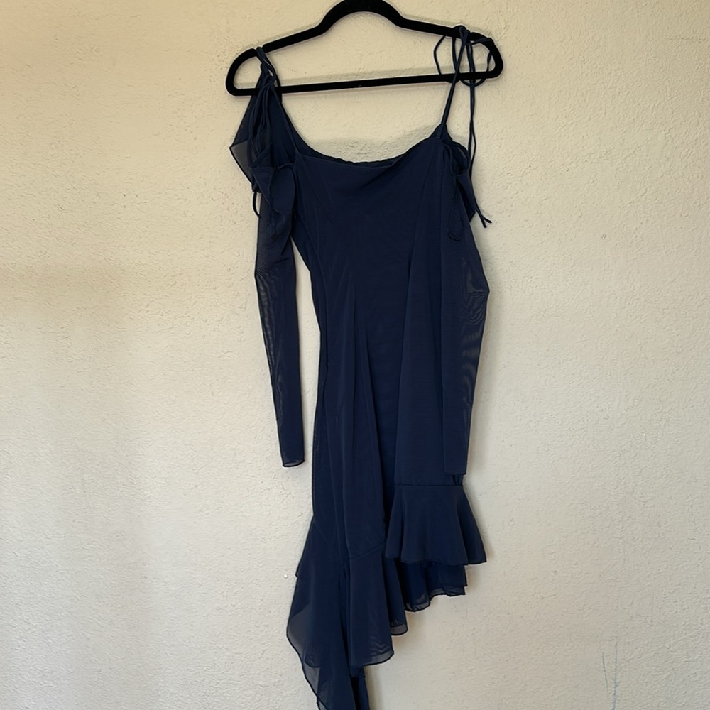 House of CB Kiki French Navy Ruffle Mini Dress Blue XS Tall Asymmetrical Mesh - Picture 5 of 10